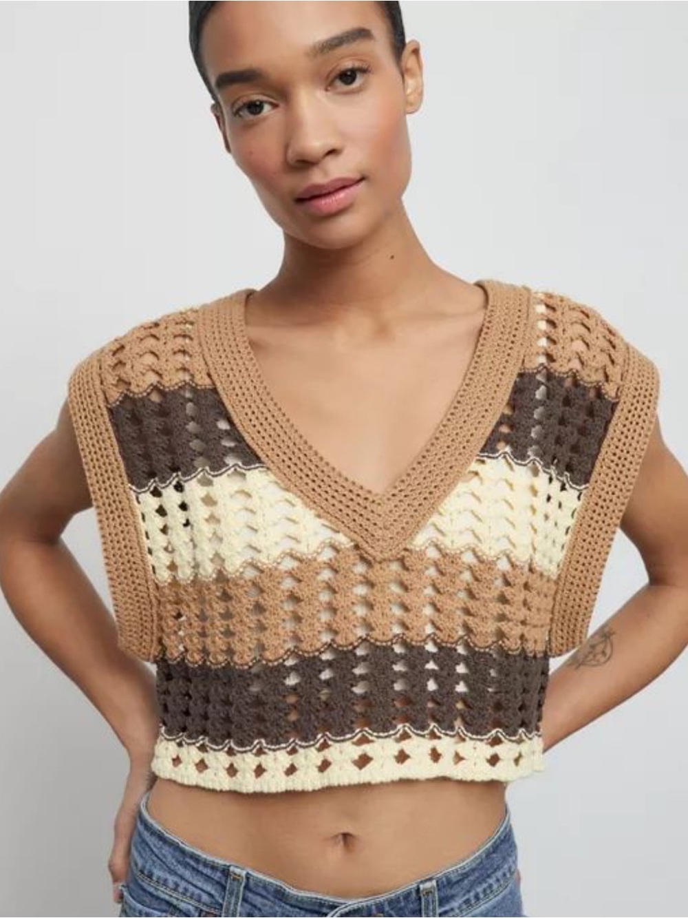 BDG Urban Outfitters Open Knit Crochet Striped Sweater Vest Boho XS Grannycore